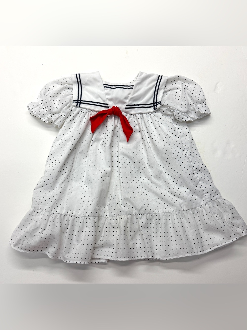 Vintage 70s 80s Winnie The Pooh Girls White Polka Dot Sailor Dress Red Bow